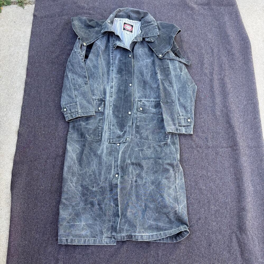 Men's Vintage Australian Outback Faded Black Canvas Duster Coat Jacket Sz Large